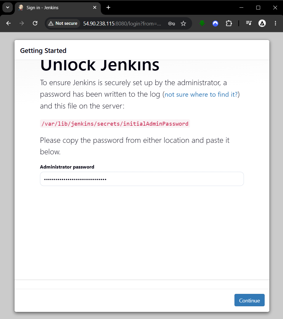 Jenkins Unlock Jenkins page asking for the initial administrator password from the server path